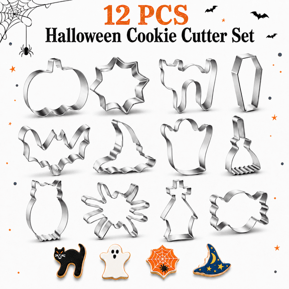 PHSMONT Halloween Cookie Cutters Set, 12 Piece Stainless Steel Baking Cutters with Pumpkin, Ghost, Bat, Cat, Witch Hat, Spider, Coffin & More for Cookies, Fondant, Biscuits, Parties and Gifts