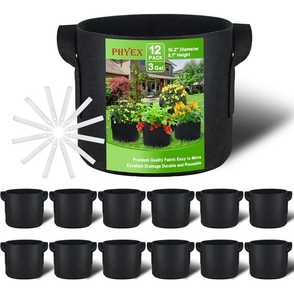 PHYEX 12-Pack 3 Gallon Black Grow Bags, Aeration Fabric Pots with Durable Handles, Come with 12 Pcs Plant Labels