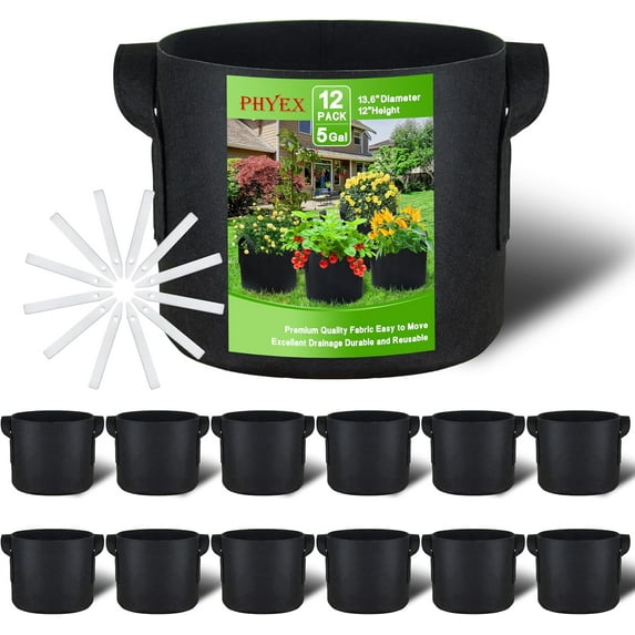 PHYEX 12-Pack 5 Gallon Black Grow Bags, Aeration Fabric Pots with Durable Handles, Come with 12 Pcs Plant Labels