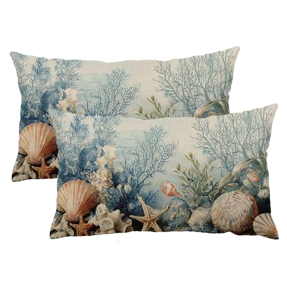 PHYHOO 12x20 Set of 2 Ocean Seashell Starfish Coral Decorative Pillowcases Farmhouse Seasonal Lumbar Cushion Cases for Sofa Couch Porch Home Decor 12x20inch