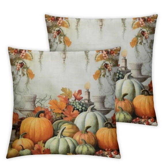 PHYHOO 2 Fall Throw Pillow Covers, Watercolor Pumpkins and Leaves Fall Retro Pillowcases Square Soft Thanksgiving Cushion Case for Couch Bedroom Sofa Living Room Chair Car 12x12in