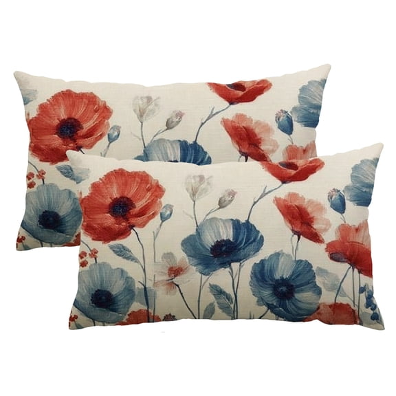PHYHOO 4th of July Red and Floral Throw Pillow Cover, 12 x 20 Inch Memorial Day Independence Day Patriotic Decor Cushion Case for Sofa Couch Set of 2 12x20inch