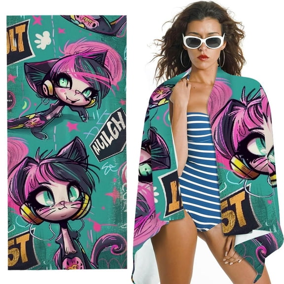 PHYHOO Abstract Anime Girl Printed Microfiber Sand Free Pool Towel Lightweight Oversized Quick Dry Absorbent Compact Travel Must Have for The Swimming Summer Cruise Ship Essentials 30x60in