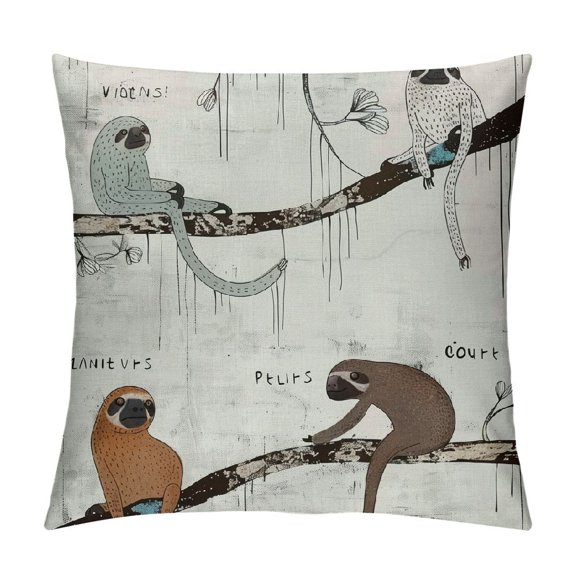 PHYHOO Animal Throw Pillow Cushion Cover, Cartoon Style Illustration Art Funny Tribe of Sloths Smiles Sleeping Lazy Does Yoga and Words, Decorative Square Accent Pillow Case, Salmon Teal White
