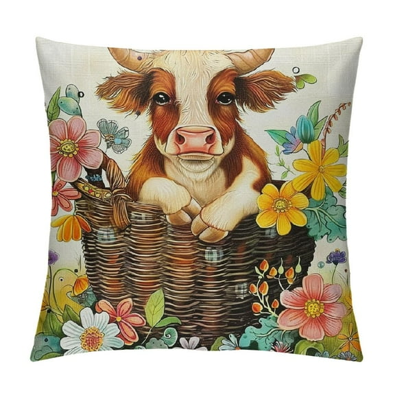 PHYHOO AnyDesign Easter Pillow Covers Watercolor Highland Cow Flowers Throw Pillow Case Cute Cow Cushion Cover for Spring Home Sofa Bedroom Decor