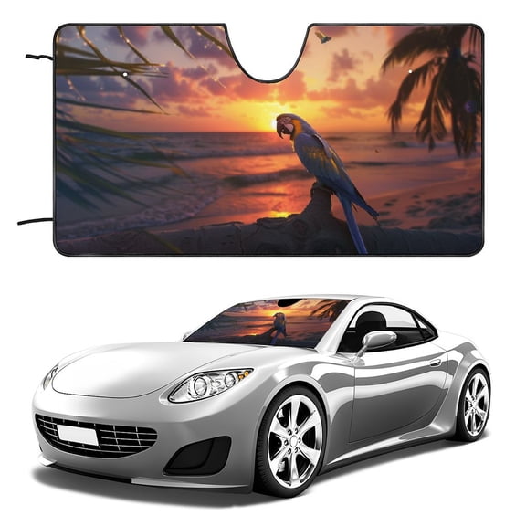PHYHOO Art Ocean Theme Palm Tress Theme Sun Shade, Windshield Sun Shade with Waterproof, Foldable Keep Vehicle Cool Protector Your Car,Tropical Island Sunset Theme 51x28in