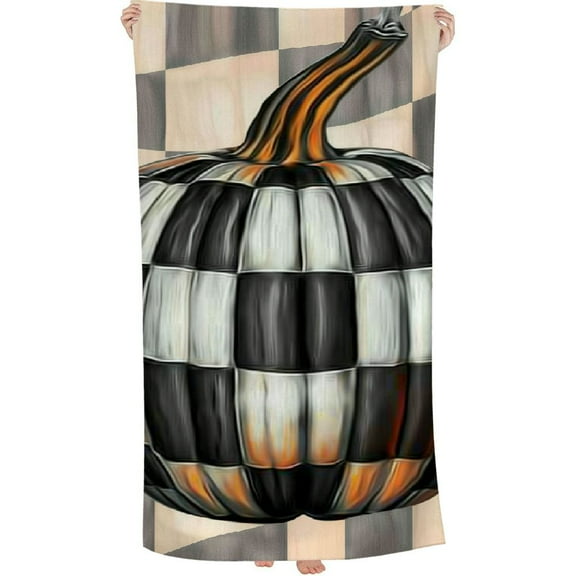 PHYHOO Beach Towel Fall Black and White Buffalo Plaid Check Pumpkin Blanket Or Bath Towel Absorbent Quick Dry Towel Autumn Halloween Microfiber Sand Free for Bathroom Swim  30x60in