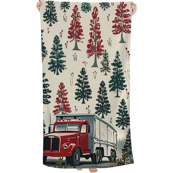 PHYHOO Beach Towel Red Merry Christmas Tree Truck Hello Winter Holiday Pool/Beach Towel Quick-Dry &amp; Super Absorbent Rustic Country Holiday Microfiber Sand Free Pool Travel Swimming  30x60in