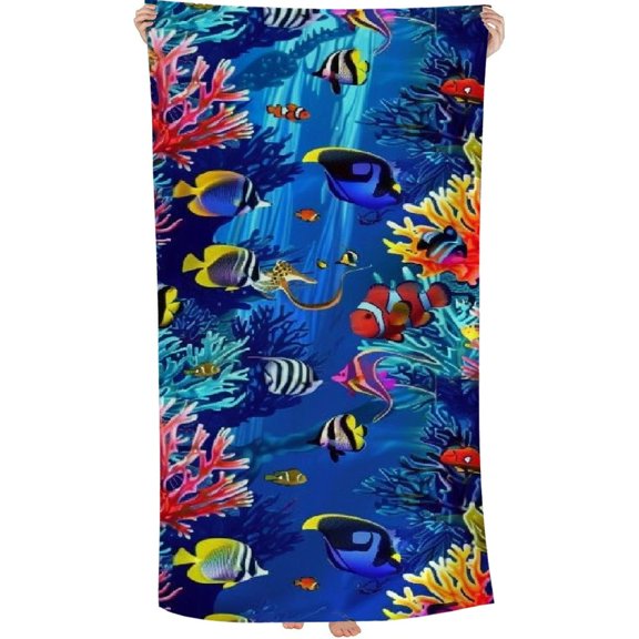 PHYHOO Beach Towel, Underwater Fish Printed Microfiber Sand Free Pool Towel Lightweight Oversized Quick Dry Absorbent Compact Travel Must Have for The Swimming, Yoga, Camping, Summer Cruise 30x60in