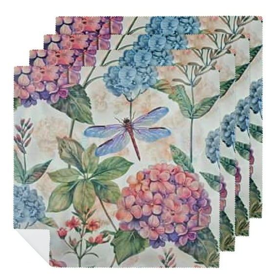 PHYHOO Beautiful Hydrangeas Dragonflies Butterfly Floral Cloth Napkins, Soft & Comfortable Polyester Dinner Napkin for Family, Restaurant, Weddings, Parties 6 PCS