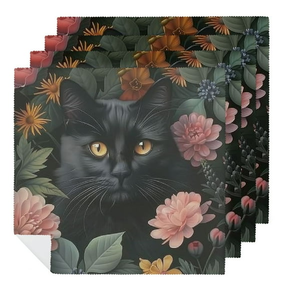 PHYHOO Black Cat and Flowers Dinner Napkins Soft Cloth Napkins Printed Table Napkins for Parties Weddings Event 4 PCS
