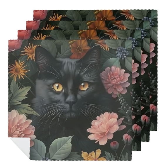 PHYHOO Black Cat and Flowers Dinner Napkins Soft Cloth Napkins Printed Table Napkins for Parties Weddings Event 6 PCS