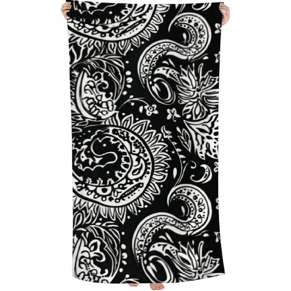 PHYHOO Black and White Indian Paisley Patterns Beach Towel, Sand Free Microfiber Beach Blanket, Quick Dry Absorbent Bath Towels for Swimming Pool, Camping, Picnic, Yoga Gym Sports 30x60in