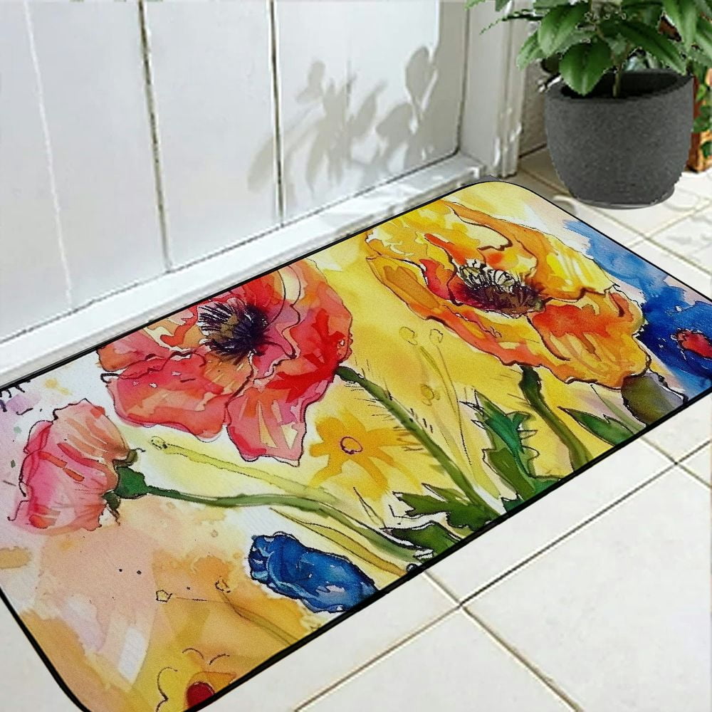 PHYHOO Bugs &amp; Poppies Doormat Decorative Door Mat, Door Mat with Non-Slip Rubber Backing, Easy Cleaning, Traps Dirt, for Entry, Patio, Garage 19.68*47.24 in