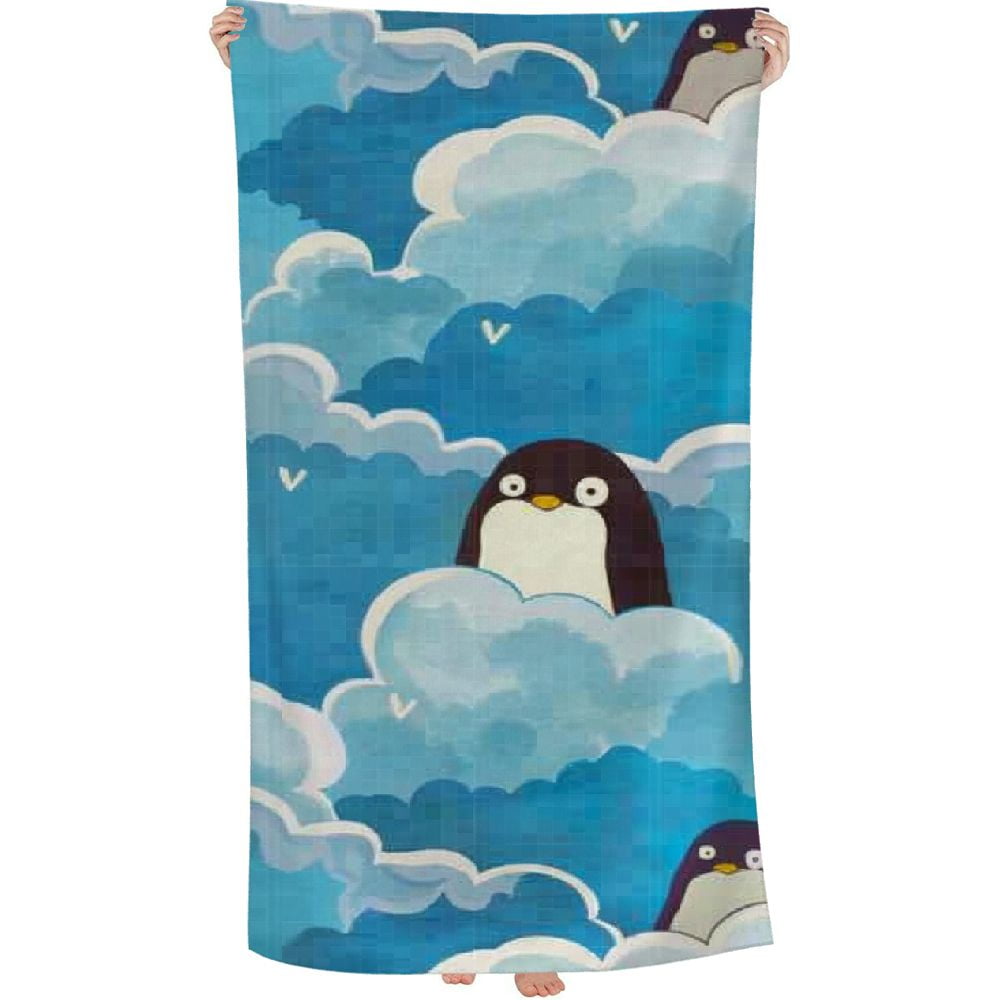 PHYHOO Cartoon Penguin Cloud Beach Towel, Absorbent Quick Dry