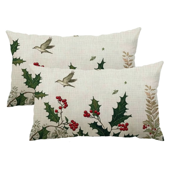 PHYHOO Christmas Mistletoe Eucalyptus Poinsettia Throw Pillow Covers, 12 x 20 Inch  Set of 2 Red Berries Winter Holiday Cushion Case Decoration for Sofa Couch 12x20inch