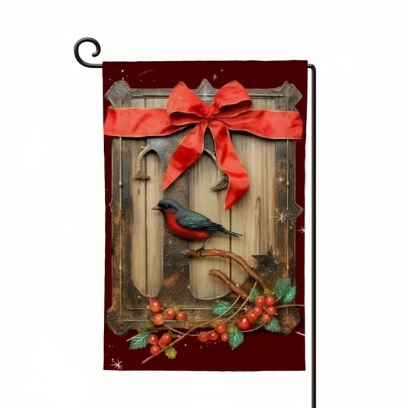 PHYHOO Christmas Monogram Letter E Garden Flag Vertical Double Sided,Cardinal Bird Wood Door with Red Bow-knot Flag for Yard Winter Family Last Name Initial Outside Decoration White