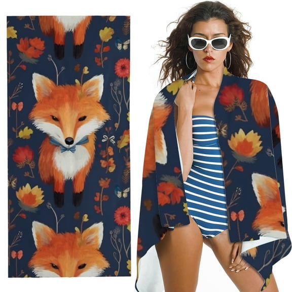 PHYHOO Cute Fox Microfiber Sand Free Beach Towel Oversized Quick Dry Absorbent for Pool Swimming Bathroom Beach Towel 30x60in