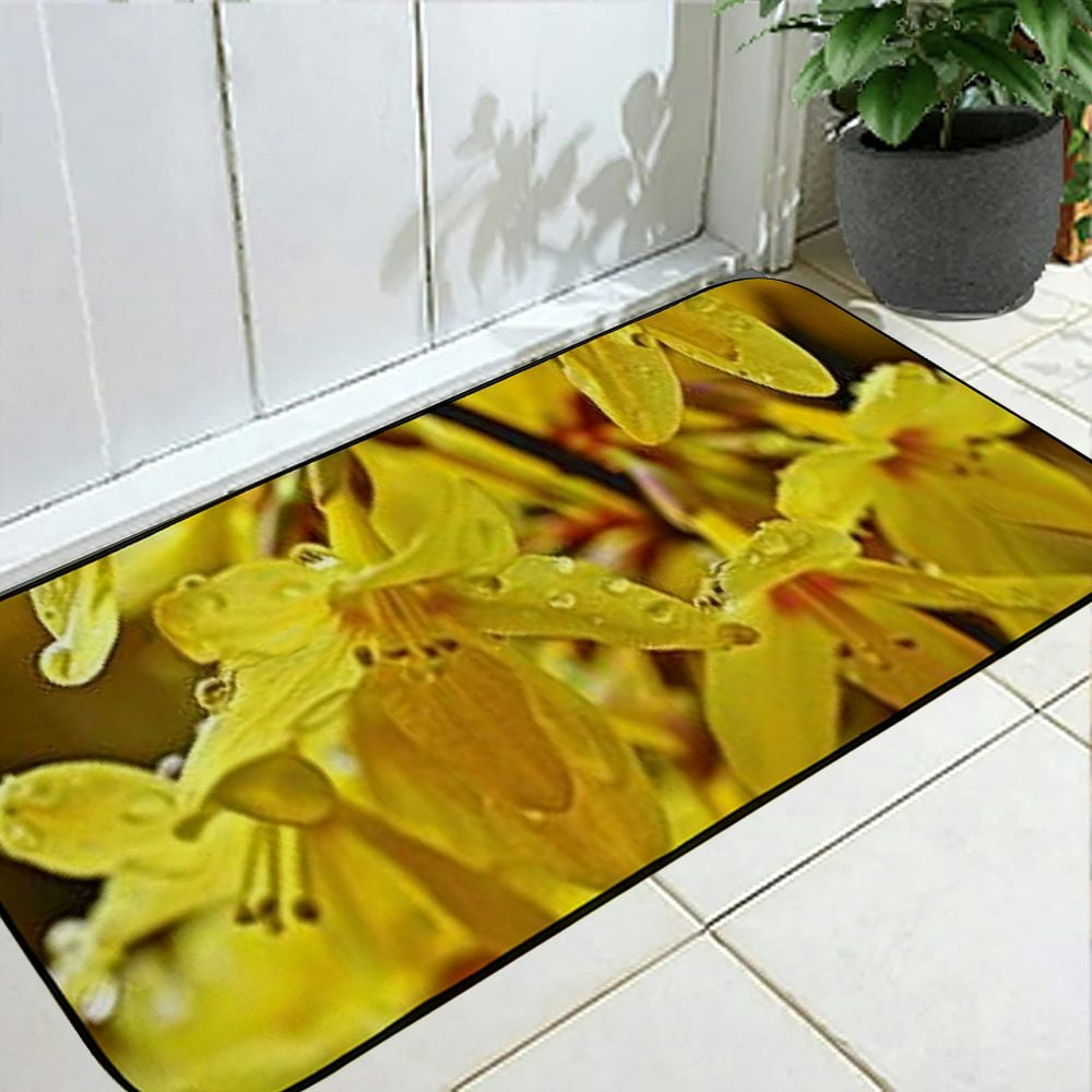 PHYHOO Decorative Door Mat, Door Mat with Non-Slip Rubber Backing, Easy Cleaning, Traps Dirt, Rug for Entry, Patio, Garage - Forsythia Flowers Yellow Bush Beautiful Spring  19.68*47.24 in