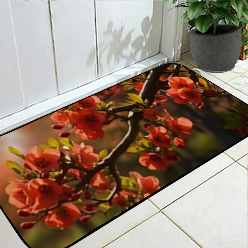 PHYHOO Decorative Door Mat, Door Mat with Non-Slip Rubber Backing, Easy Cleaning, Traps Dirt, Rug for Entry, Patio, Garage - A Flowering Cotoneaster Red Flowers Spring 19.68*47.24 in
