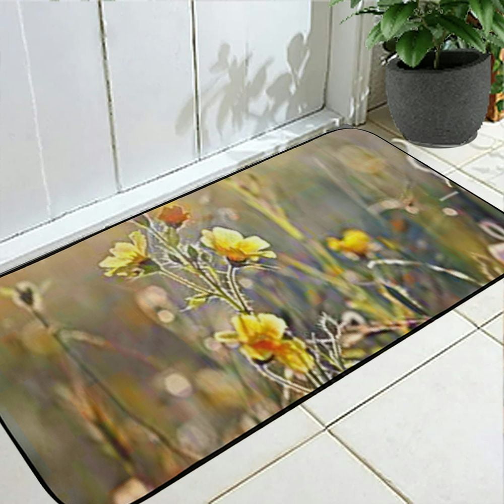 PHYHOO Decorative Door Mat, Door Mat with Non-Slip Rubber Backing, Easy Cleaning, Traps Dirt, Rug for Entry, Patio, Garage - Buttercup Yellow Plant Nature Meadow Bloom Frozen 19.68*47.24 in