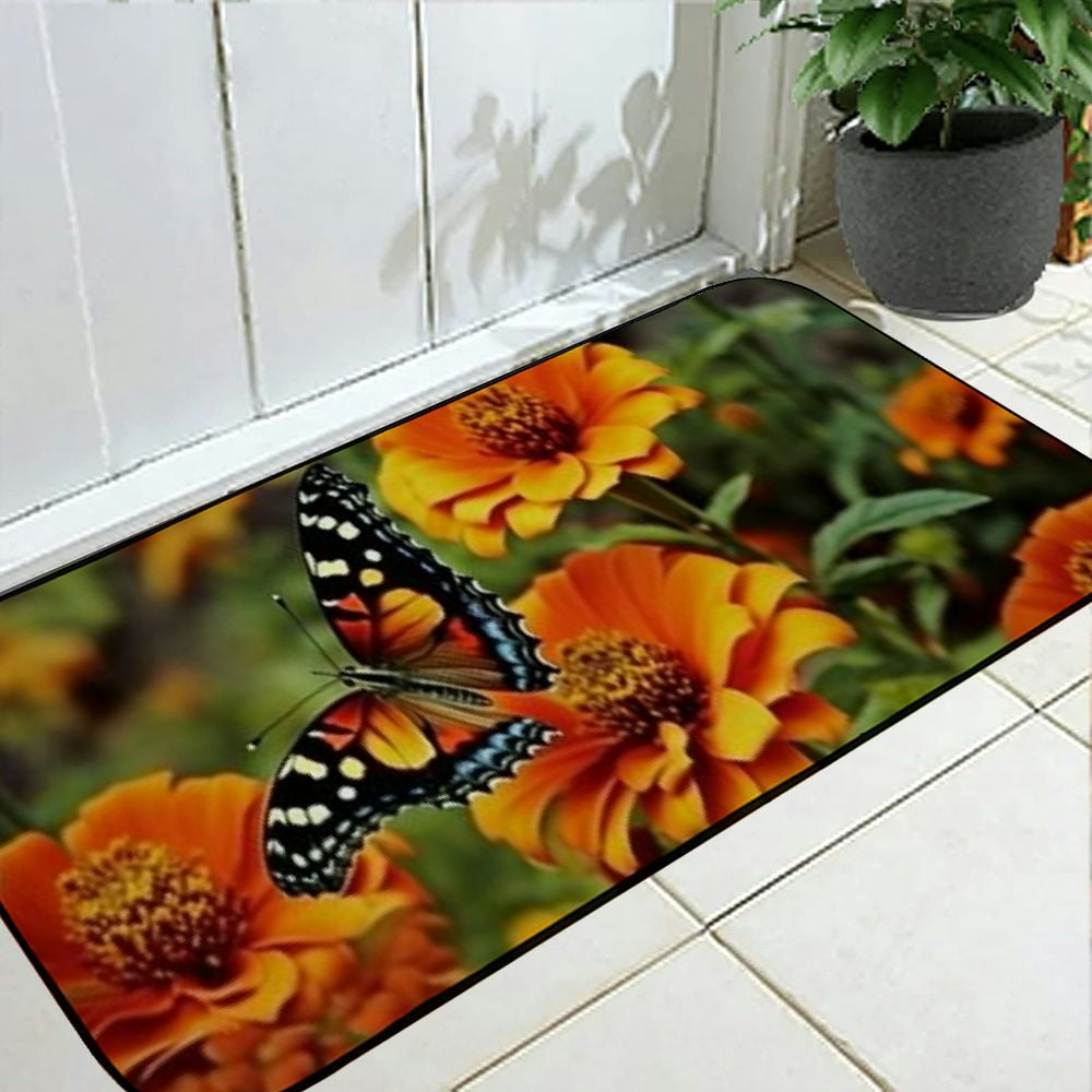 PHYHOO Decorative Door Mat, Door Mat with Non-Slip Rubber Backing, Easy Cleaning, Traps Dirt, Rug for Entry, Patio, Garage - Butterfly Flowers Orange Flowers Plants Nature 19.68*47.24 in
