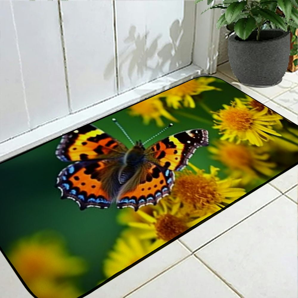 PHYHOO Decorative Door Mat, Door Mat with Non-Slip Rubber Backing, Easy Cleaning, Traps Dirt, Rug for Entry, Patio, Garage - Butterfly Yellow Flowers Yellow Insect Close 19.68*47.24 in
