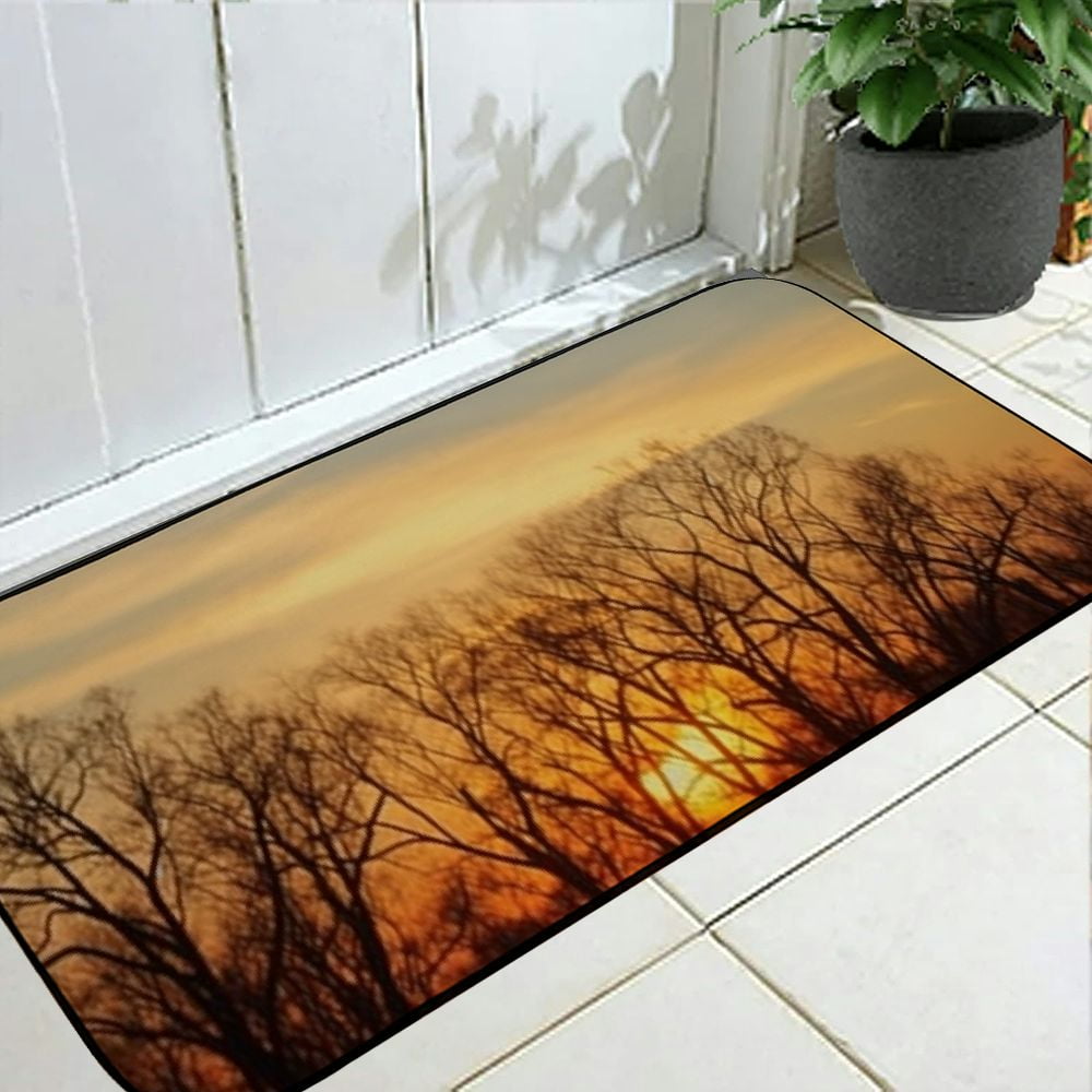 PHYHOO Decorative Door Mat, Door Mat with Non-Slip Rubber Backing, Easy Cleaning, Traps Dirt, Rug for Entry, Patio, Garage - Dawn Tree Nature Sunset Sun 19.68*47.24 in