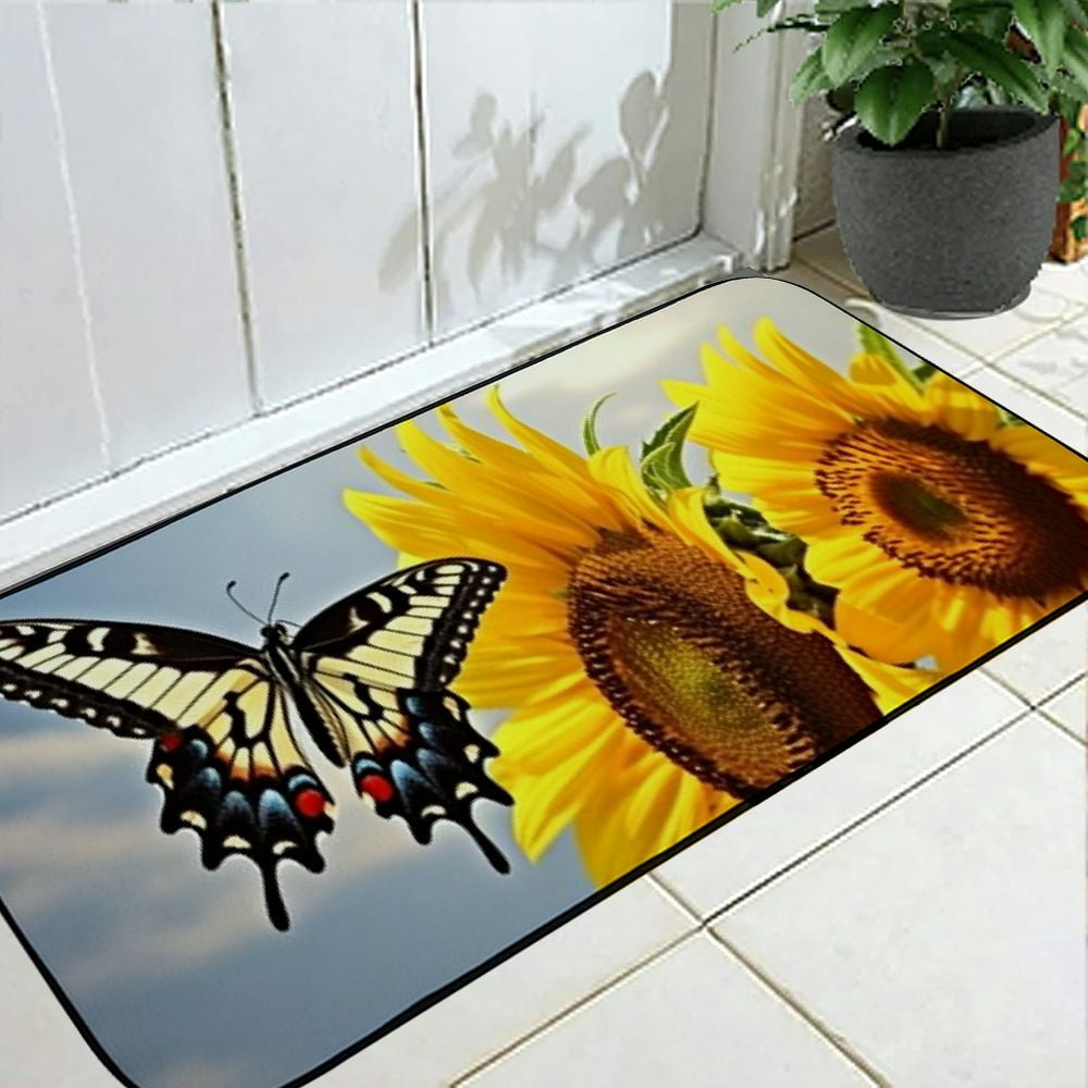 PHYHOO Decorative Door Mat, Door Mat with Non-Slip Rubber Backing, Easy Cleaning, Traps Dirt, Rug for Entry, Patio, Garage - Nature Butterfly Sunflower Flower Wildlife 4 19.68*47.24 in