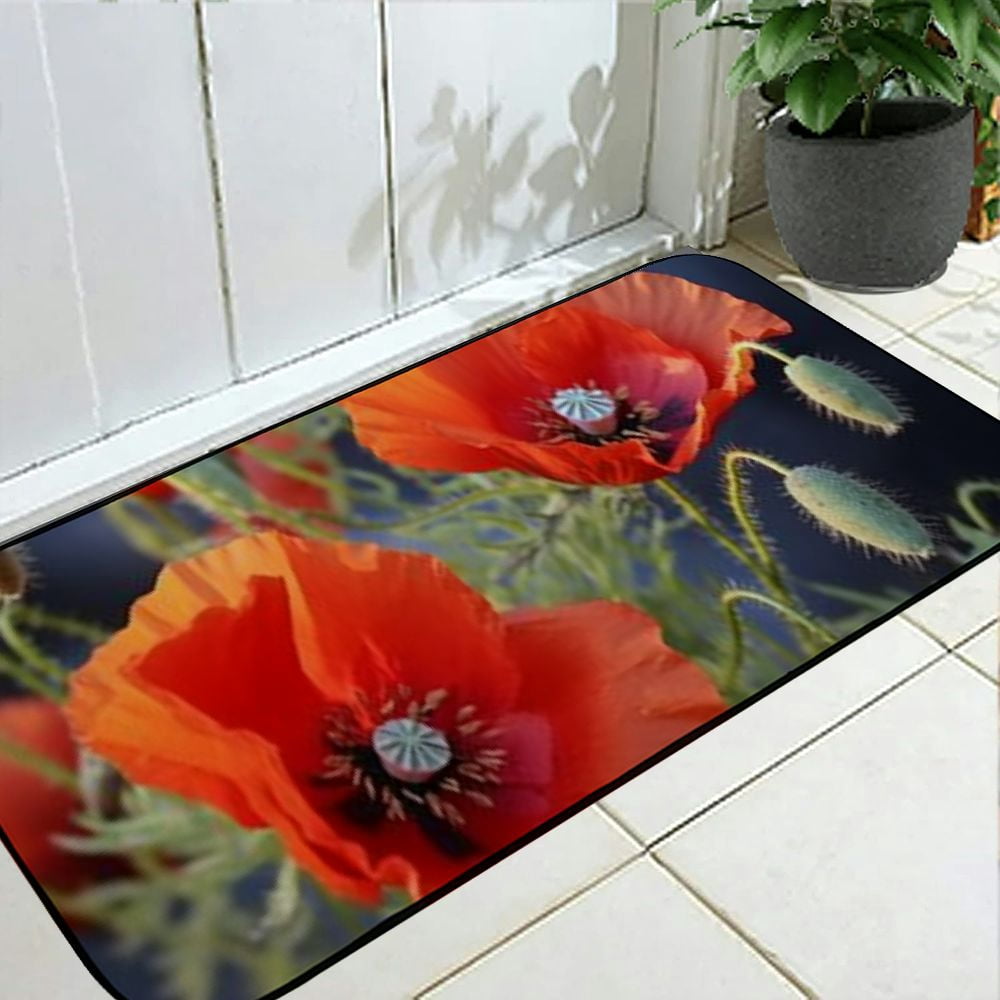 PHYHOO Decorative Door Mat, Door Mat with Non-Slip Rubber Backing, Easy Cleaning, Traps Dirt, Rug for Entry, Patio, Garage - Nature Poppy Flowers Poppy Flower Red Red Poppy 19.68*47.24 in