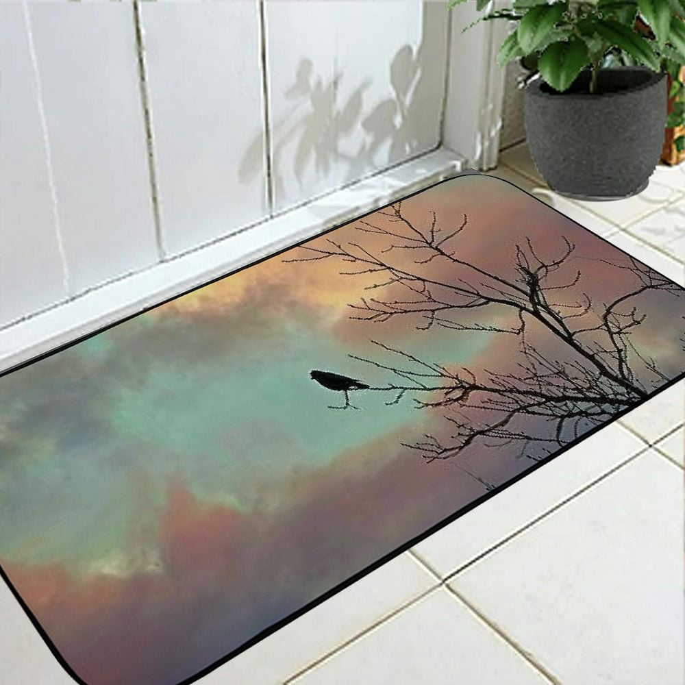 PHYHOO Decorative Door Mat, Door Mat with Non-Slip Rubber Backing, Easy Cleaning, Traps Dirt, Rug for Entry, Patio, Garage - Tree Dawn Bird Winter Weather Cold Clouds 19.68*47.24 in