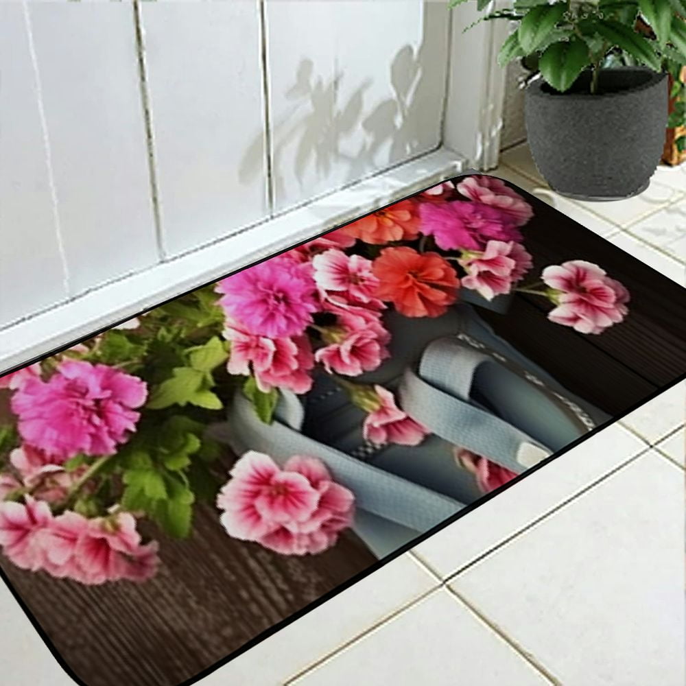 PHYHOO Doormat Floor /Mat - Geranium Pink Gloves Garden Flower Care Blossom Decorative Door Mat, Door Mat with Non-Slip Rubber Backing, Easy Cleaning, Traps Dirt, for Entry, Patio