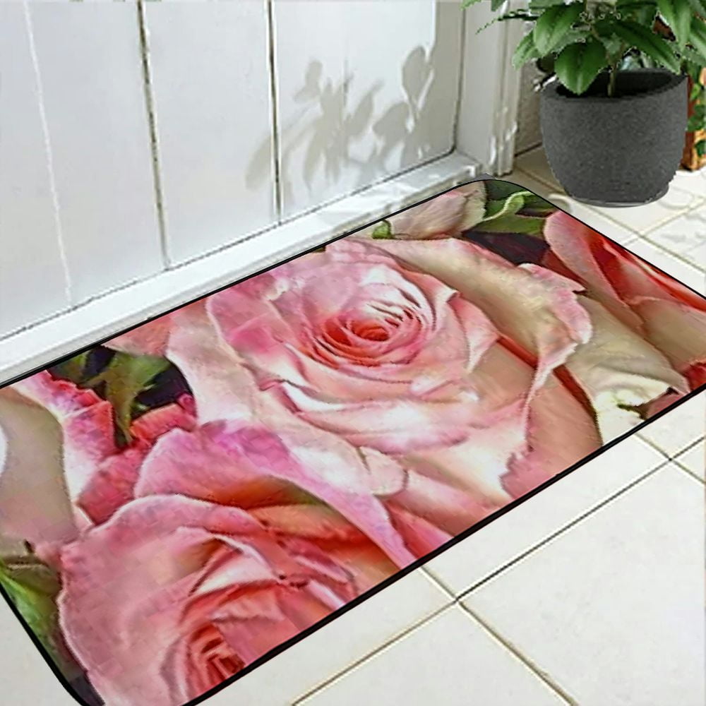 PHYHOO Doormat Floor /Mat - Rose Pink Flower Blossom Bloom Rose Bloom Nature Decorative Door Mat, Door Mat with Non-Slip Rubber Backing, Easy Cleaning, Traps Dirt, for Entry, Patio