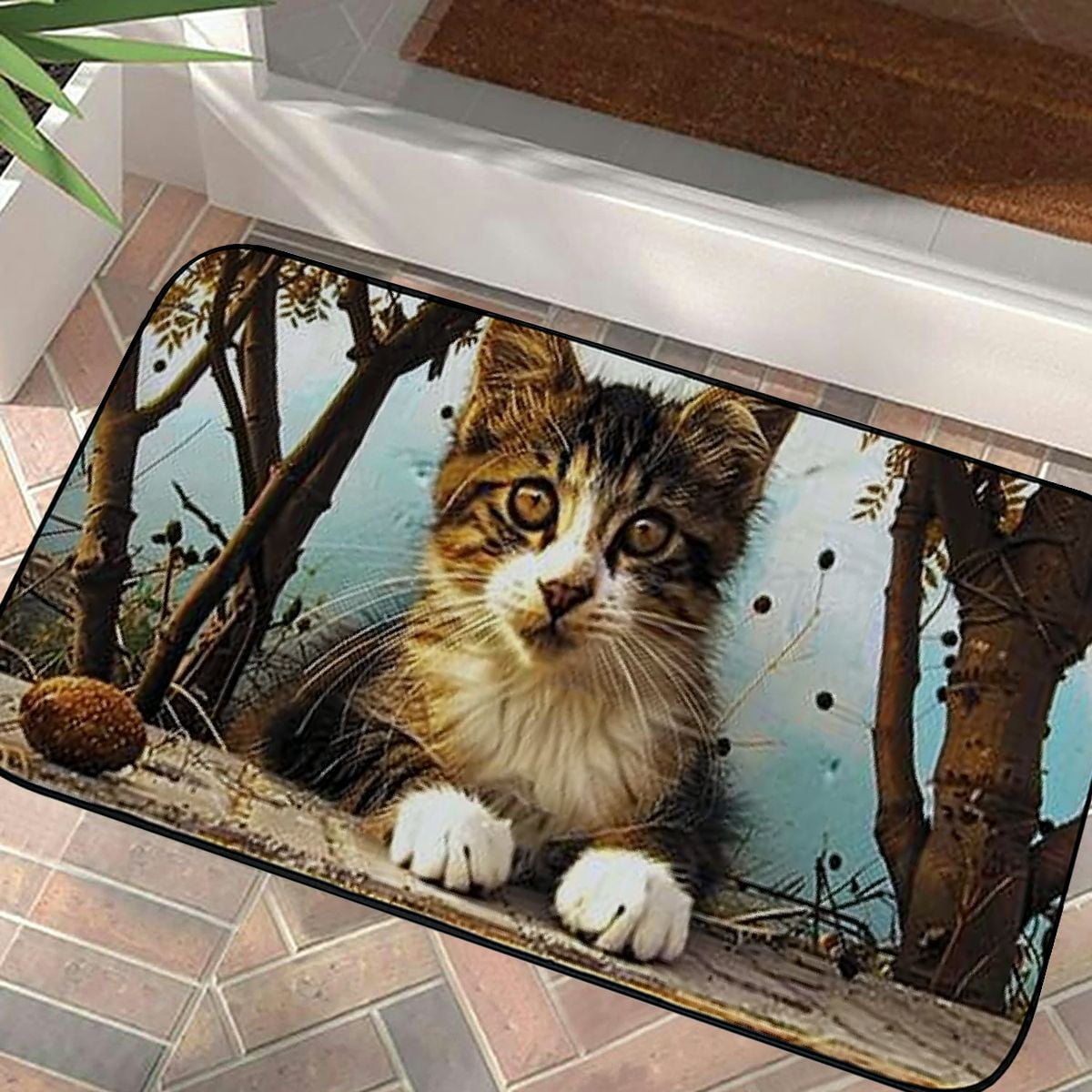 PHYHOO Doormat Floor Rug/Mat - Cat Cat Face Animal Cute Cat Cat Eyes Animals Decorative Door Mat, Door Mat with Non-Slip Rubber Backing, Easy Cleaning, Traps Dirt, Rug for Entry, Patio