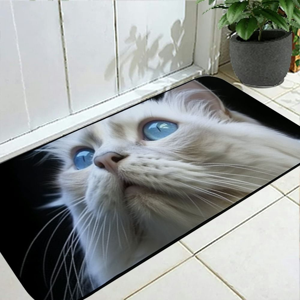 PHYHOO Doormat Floor Rug/Mat - Cat Ragdoll Breed of Cat Blue Eyes Fluffy White Fur Decorative Door Mat, Door Mat with Non-Slip Rubber Backing, Easy Cleaning, Traps Dirt, Rug for Entry, Patio