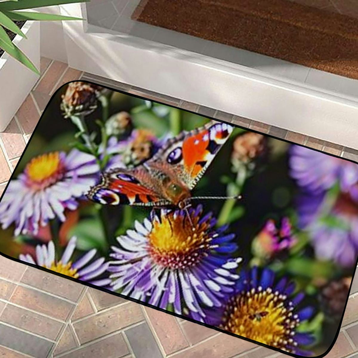 PHYHOO Doormat Floor Rug/Mat - Nature Flower Plant Summer Garden Butterfly ﻿Decorative Door Mat, Door Mat with Non-Slip Rubber Backing, Easy Cleaning, Traps Dirt, Rug for Entry, Patio