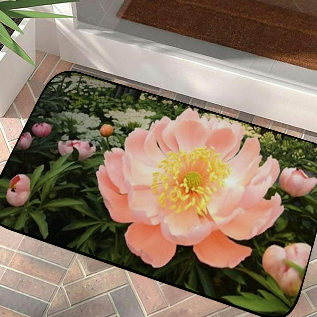 PHYHOO Doormat Floor Rug/Mat- Peonies Flowers Pink Garden Nature Plants Decorative Door Mat, Door Mat with Non-Slip Rubber Backing, Easy Cleaning, Traps Dirt, Rug for Entry, Patio