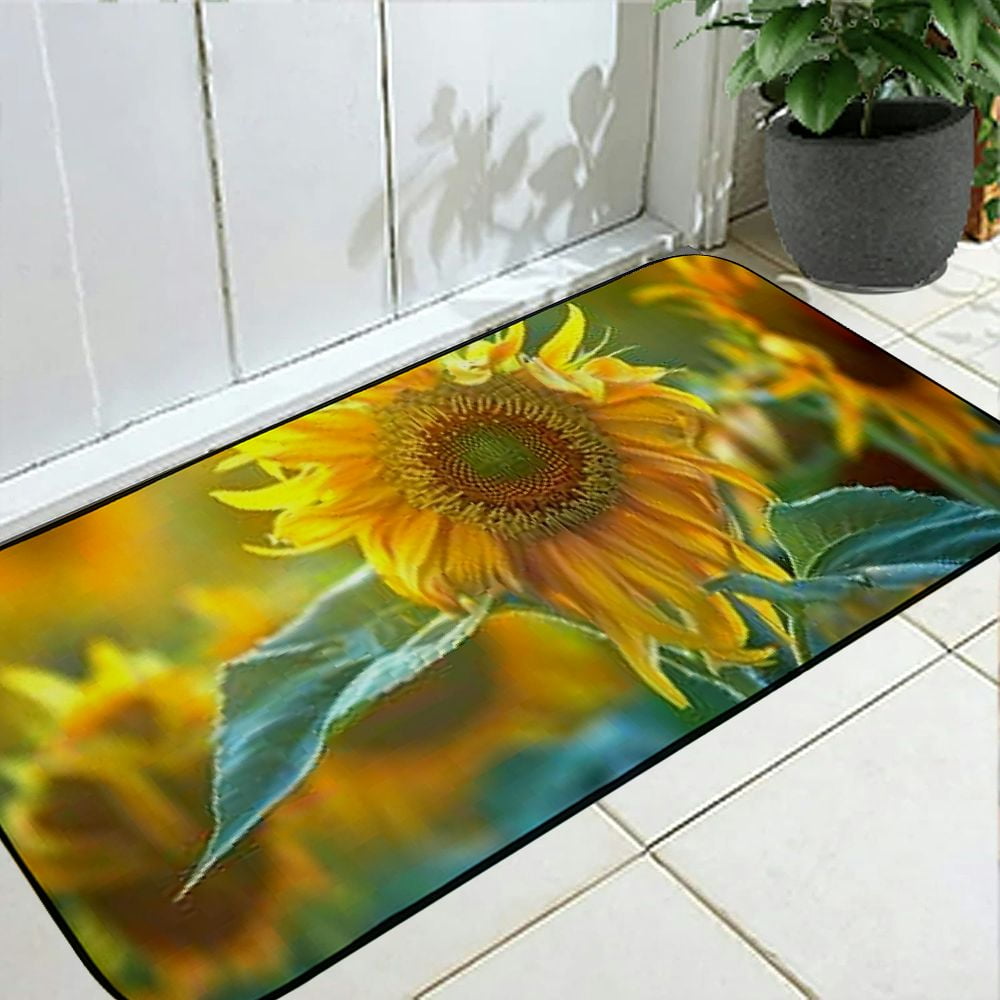 PHYHOO Doormat Floor Rug/Mat - Sunflower Flower Garden Nature Yellow Green Decorative Door Mat, Door Mat with Non-Slip Rubber Backing, Easy Cleaning, Traps Dirt, Rug for Entry, Patio