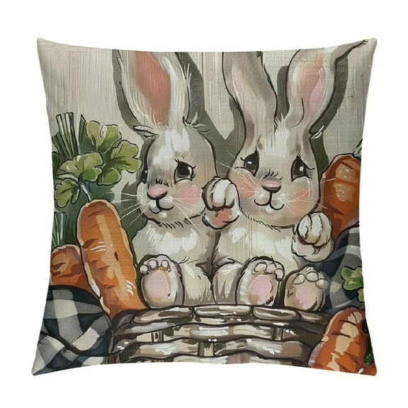 PHYHOO Easter Bunny Decorative Throw Pillow Covers , Rabbit Eggs Bless Our Nest Outdoor Home Decor, Carrot Eucalyptus Leaves Grey Stripes Couch Cushion Case