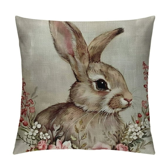 PHYHOO Easter Oil Painting Style Linen Pillow Covers Vintage Rabbit Bunny with Flower Wreath Spring Decor Square Throw Pillow Case Cushion Cover for Sofa (Elegant Bunny) White
