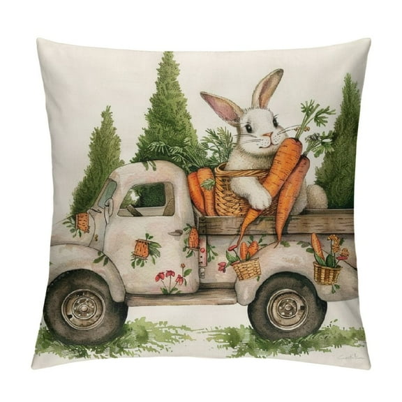 PHYHOO  Easter Pillow Cover  Spring Farmhouse Bunny Truck Carrots Rabbit Decor Spring Outdoor Decorative Throw Cushion Case for Sofa Couch Home Bed