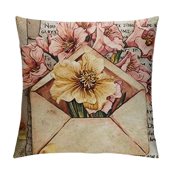 PHYHOO Envelopes and Flowers Throw Pillow Covers Irisiactea Helleborus Rose Floral with Vintage Stamp Background Decorative Pillow Cases Home Decor Square White