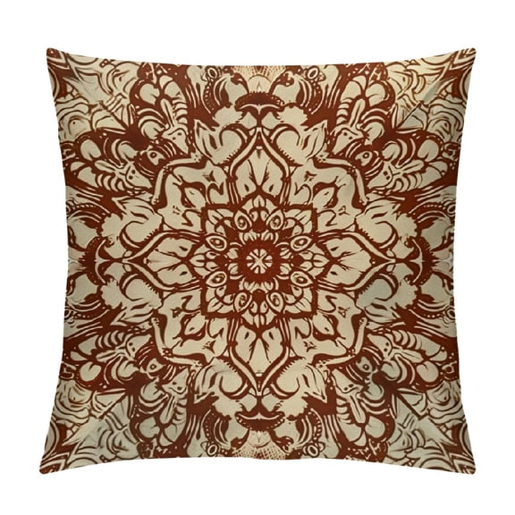 PHYHOO  Ethnic Throw Pillow Cushion Cover, Mandala Style Floral Flower with Abstract Paisley Backdrop Art Print, Decorative Square Accent Pillow Case, Cream Brown White