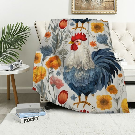 PHYHOO Farmhouse Rooster Throw Blanket, Blue Chicken Flowers Blankets for Couch Bedroom Living Room Indoor Decor, Lightweight Soft Cozy Bedding Birthday Gift for Kids Boys Adults 40x50in