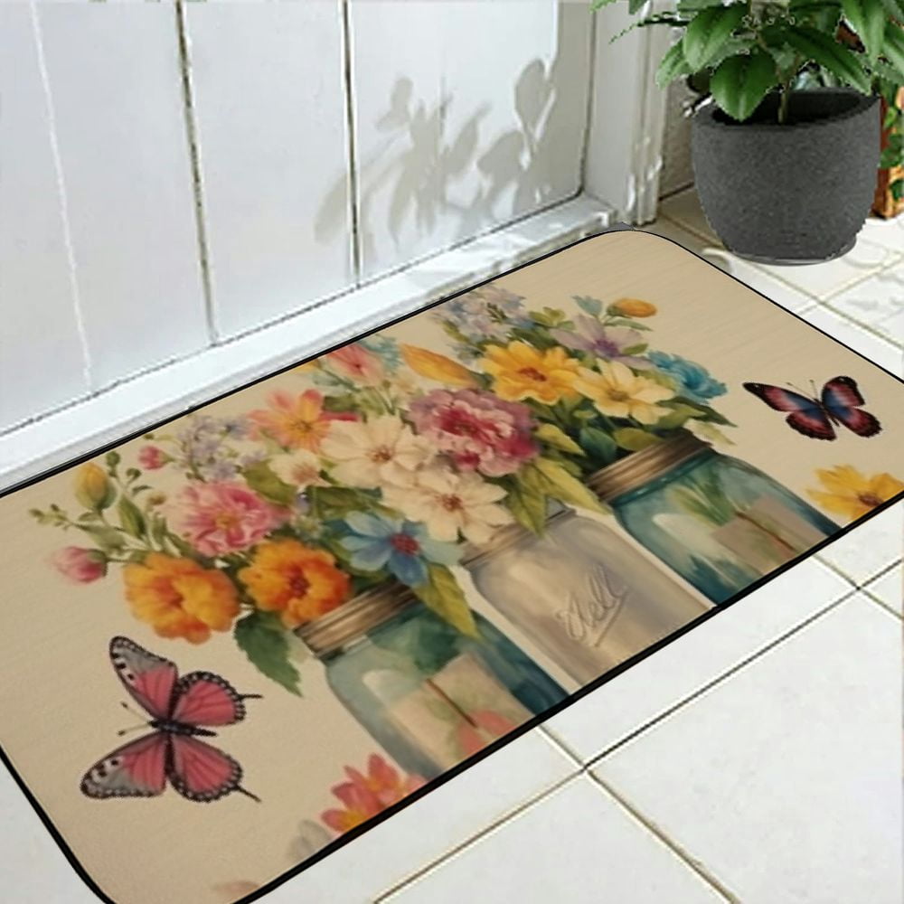 PHYHOO Flowers Vase Butterfly Decorative Door Mat, Door Mat with Non-Slip Rubber Backing, Easy Cleaning, Traps Dirt, Rug for Entry, Patio, Garage 19.68*47.24 in