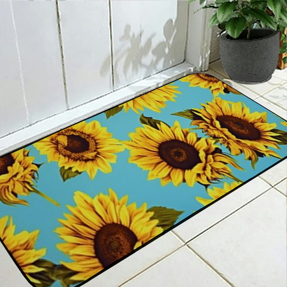 PHYHOO Front Door Mat Welcome Mat, Farmhouse Sunflower Teal Non-Slip Absorbent Indoor Door Mats, Durable Rubber Backing Floor Doormat for Entryway, Patio, Porch, Vintage Flower 19.68*47.24 in