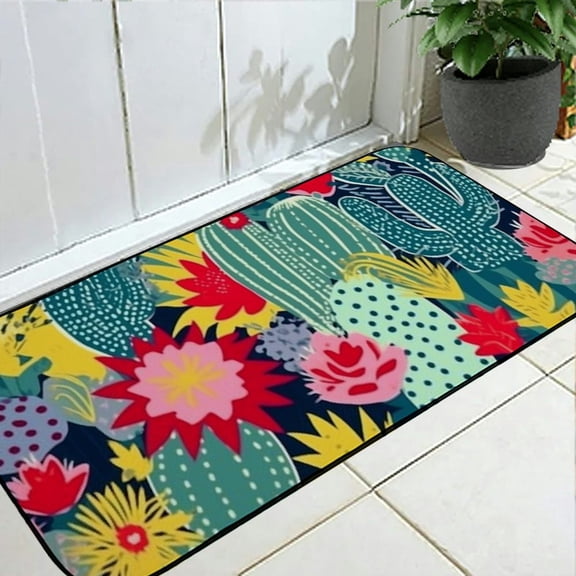 PHYHOO Funny Doormat Welcome Mat, Cute Cactus Flower, Non-Slip Front Door Mats Rugs for Indoor/Outdoor Entrance, Cartoon Plant, Entry Mats Carpets Absorbent Water and Mud 19.68*47.24 in