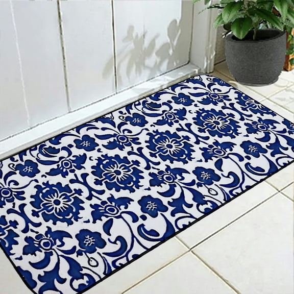 PHYHOO Funny Doormat Welcome Mat, Nautical Floral, Non-Slip Front Door Mats Rugs for Indoor/Outdoor Entrance, Tile Baroque Navy Blue, Entry Mats Carpets Absorbent Water and Mud 19.68*47.24 in