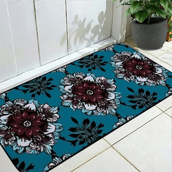 PHYHOO Funny Doormat Welcome Mat, Vintage Floral, Non-Slip Front Door Mats Rugs for Indoor/Outdoor Entrance, Baroque Damask Teal, Entry Mats Carpets Absorbent Water and Mud 19.68*47.24 in