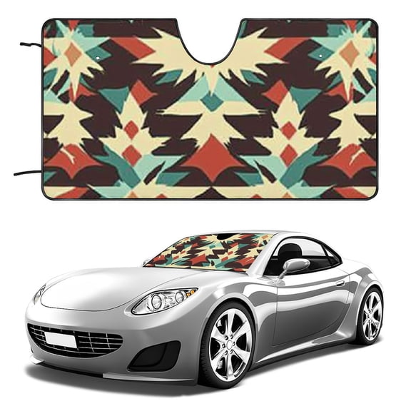 PHYHOO Geometric Tribal Aztec Colorful Sun Shield for Car Front Windows Foldable Sun Visor Protector Blocks UV Rays and Keeps Your Vehicle Cool for Most Sedans SUV Truck 55x30in